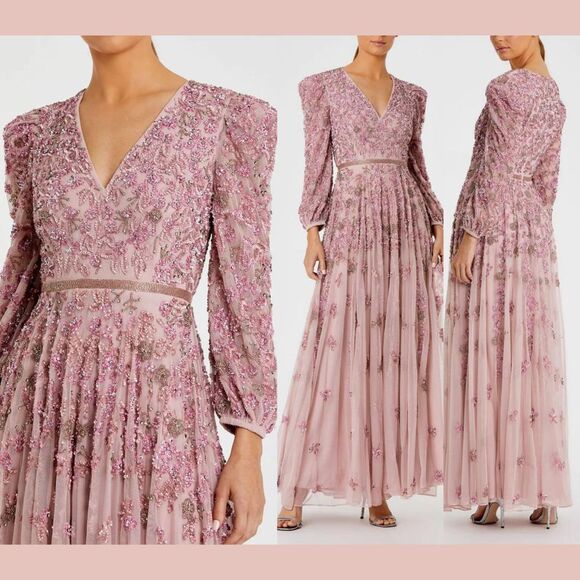 NWT Mac Duggal [‎ 20 ] 5497 Embellished V Neck 3/4 Sleeve A Line Gown Rose Pink - Picture 1 of 16